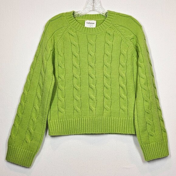 Callahan Pistachio Green Chunky Cable Knit Crew Neck Sweater Small Cropped Cozy - Picture 1 of 8